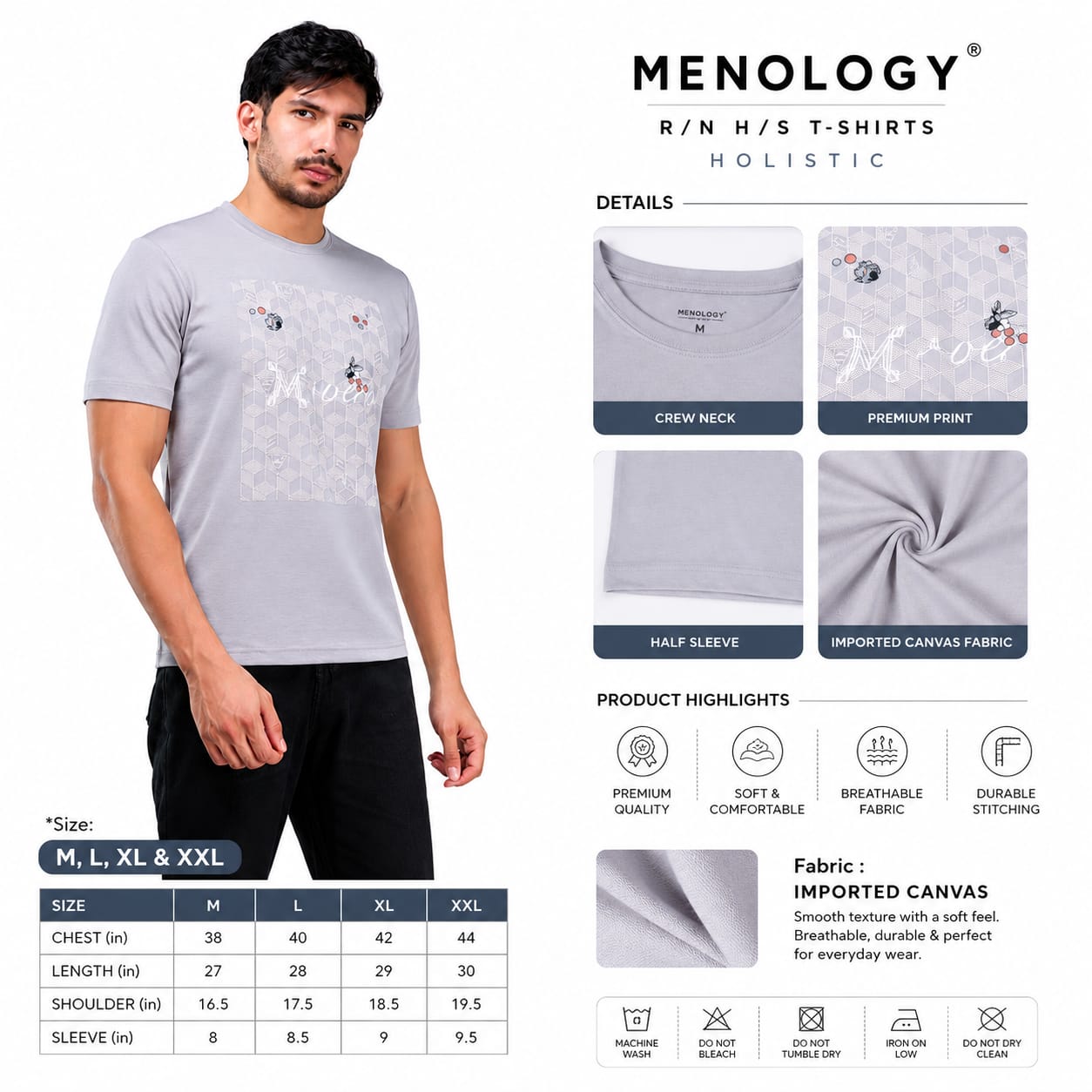 MENOLOGY Men's Holistic Printed Round Neck Half Sleeve T-Shirt | Imported Canvas Fabric | Regular Fit | Light Grey