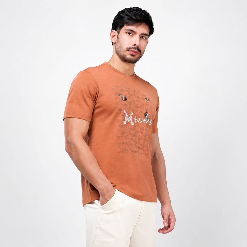 MENOLOGY Men's Holistic Printed Round Neck Half Sleeve T-Shirt | Imported Canvas Fabric | Regular Fit | Casual Graphic Tee | Rust