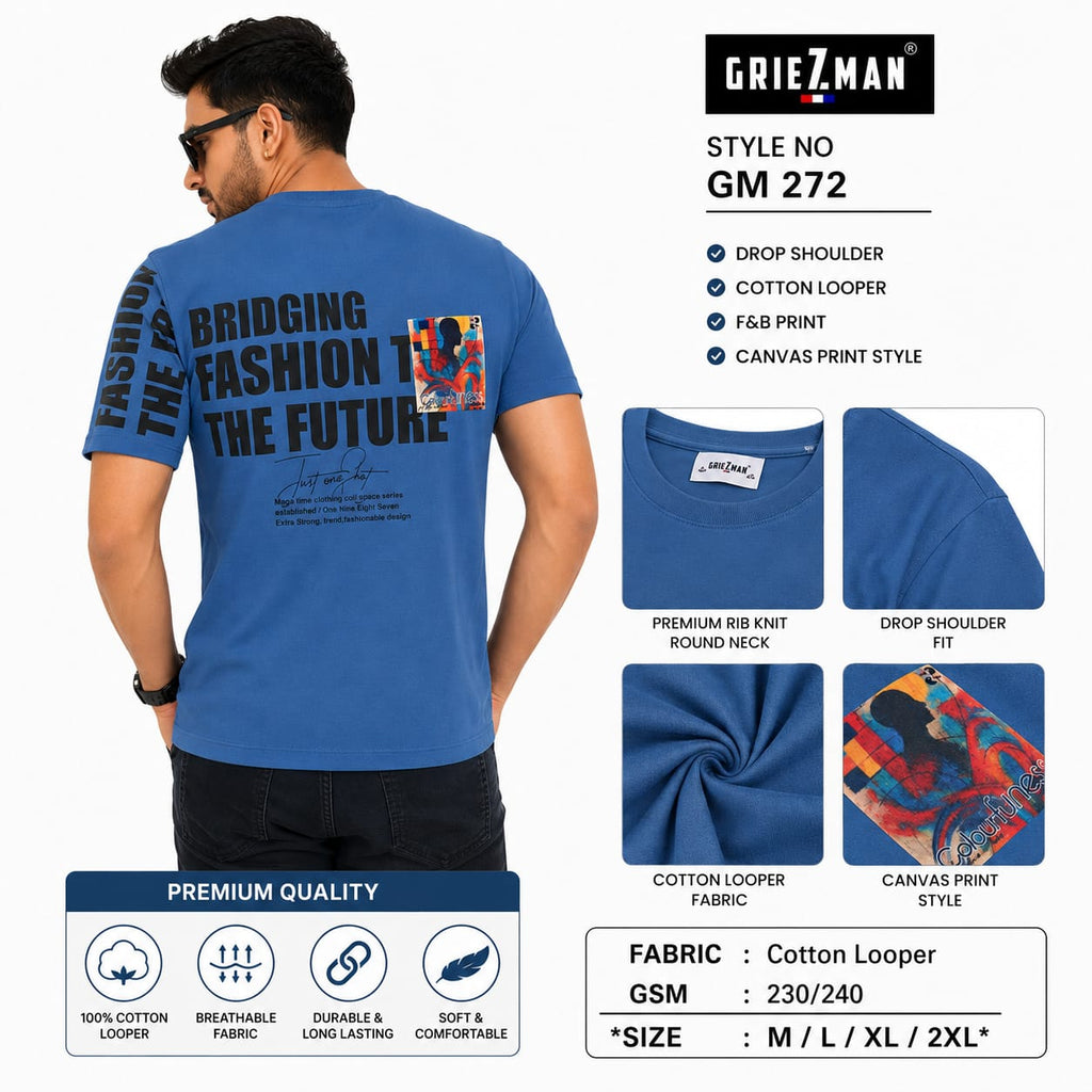 GRIEZMAN Men's Oversized Drop Shoulder T-Shirt | Cotton Looper Fabric | Canvas Back Print | Round Neck Half Sleeve | Casual Graphic Tee