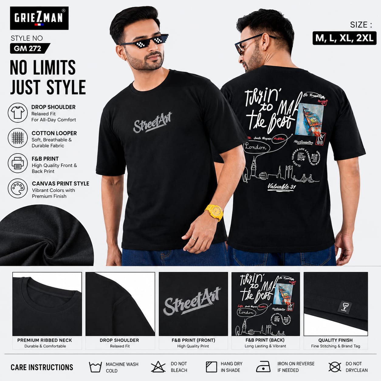GRIEZ.MAN Men's Oversized Drop Shoulder T-Shirt | StreetArt Graphic Canvas Print | Cotton Looper | Round Neck Half Sleeve | Black