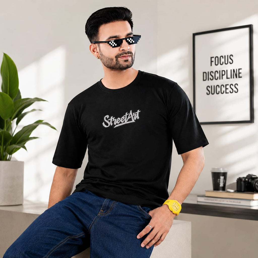 GRIEZ.MAN Men's Oversized Drop Shoulder T-Shirt | StreetArt Graphic Canvas Print | Cotton Looper | Round Neck Half Sleeve | Black