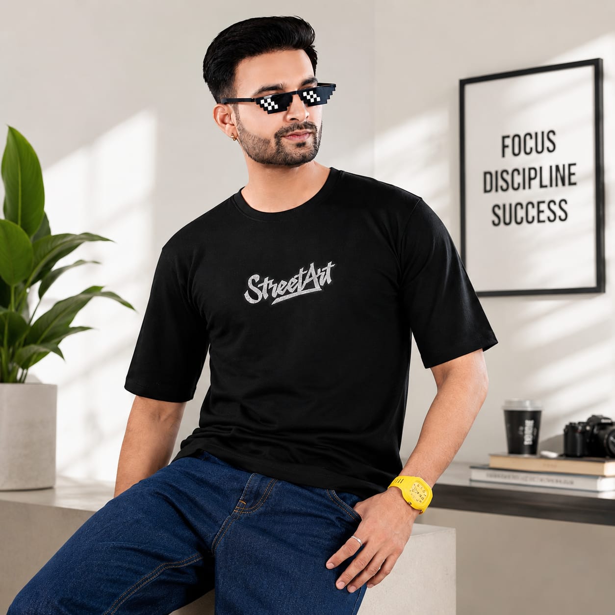GRIEZ.MAN Men's Oversized Drop Shoulder T-Shirt | StreetArt Graphic Canvas Print | Cotton Looper | Round Neck Half Sleeve | Black