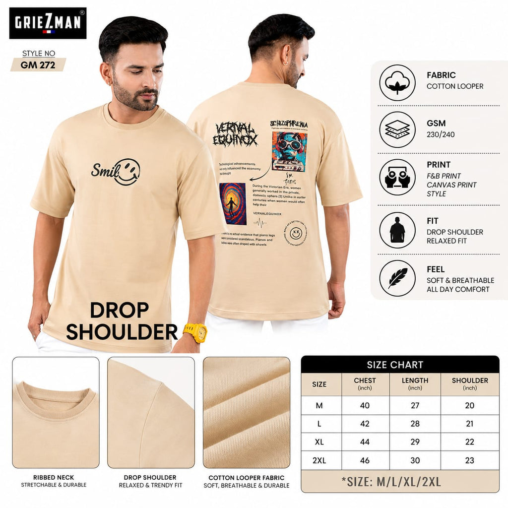 Griezman Men's Oversized Drop Shoulder T-Shirt | Smile Front & Graphic Back Print | Cotton Looper | 230-240 GSM | Half Sleeve Round Neck Casual | streetwear Tee