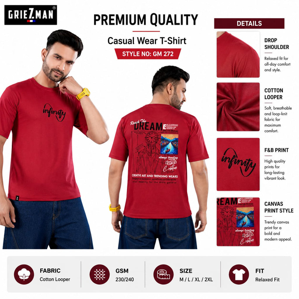 Men's Oversized Drop Shoulder Cotton Looper T-Shirt | Front & Back Canvas Print | Half Sleeve Round Neck | Casual Graphic Tee