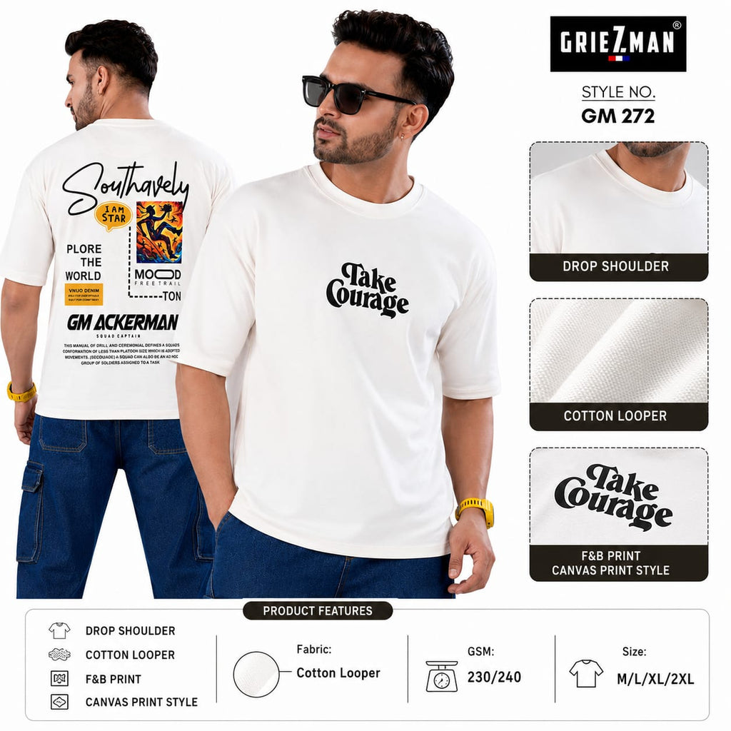 Griezman Men's Oversized Drop Shoulder T-Shirt | Cotton Looper | F&B Canvas Print | Half Sleeve Round Neck Casual Graphic Tee