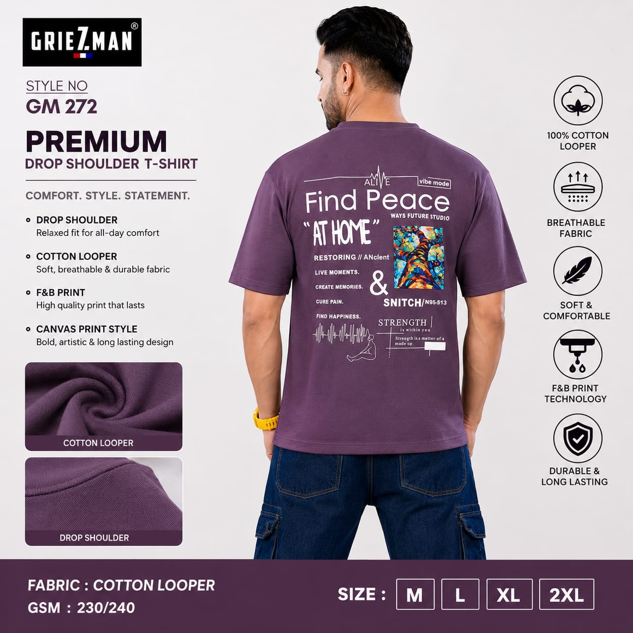 GRIEZMAN Men's Oversized Drop Shoulder T-Shirt | Cotton Looper | Graphic Back Print | Relax Front Print | Round Neck Half Sleeve | Casual Streetwear