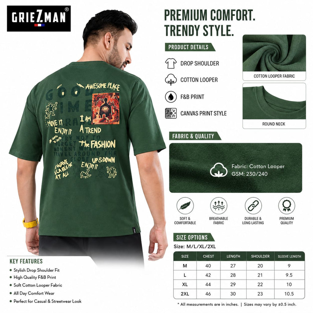 Griezman Men's Oversized Drop Shoulder T-Shirt | Cotton Looper Fabric | Graphic F&B Canvas Print | Round Neck Half Sleeve | Casual Streetwear