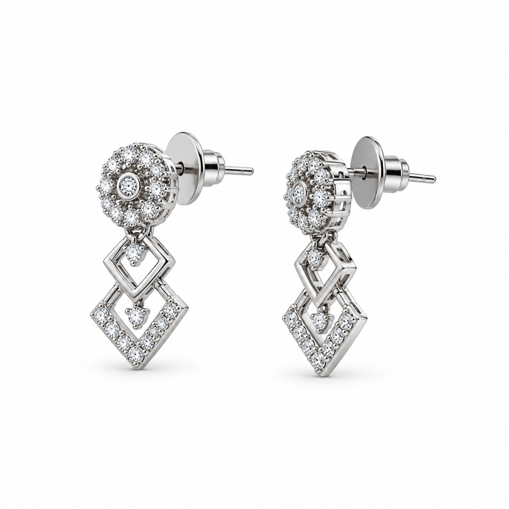 Silver-Toned AD Stone-Studded Geometric Necklace & Earrings Jewellery Set for Women