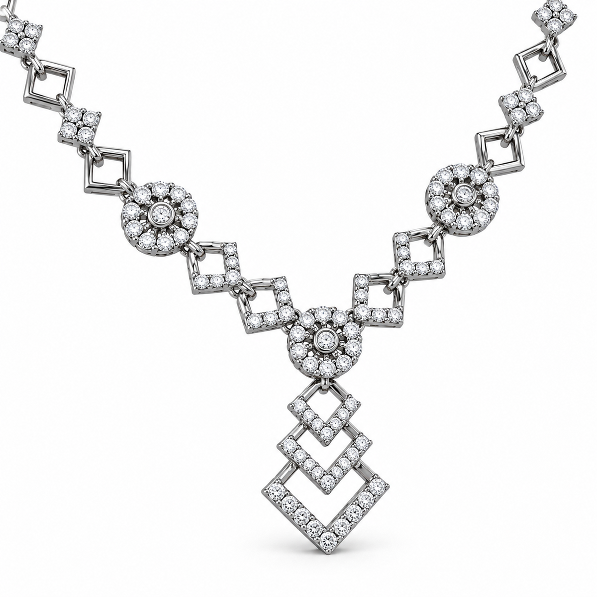 Silver-Toned AD Stone-Studded Geometric Necklace & Earrings Jewellery Set for Women