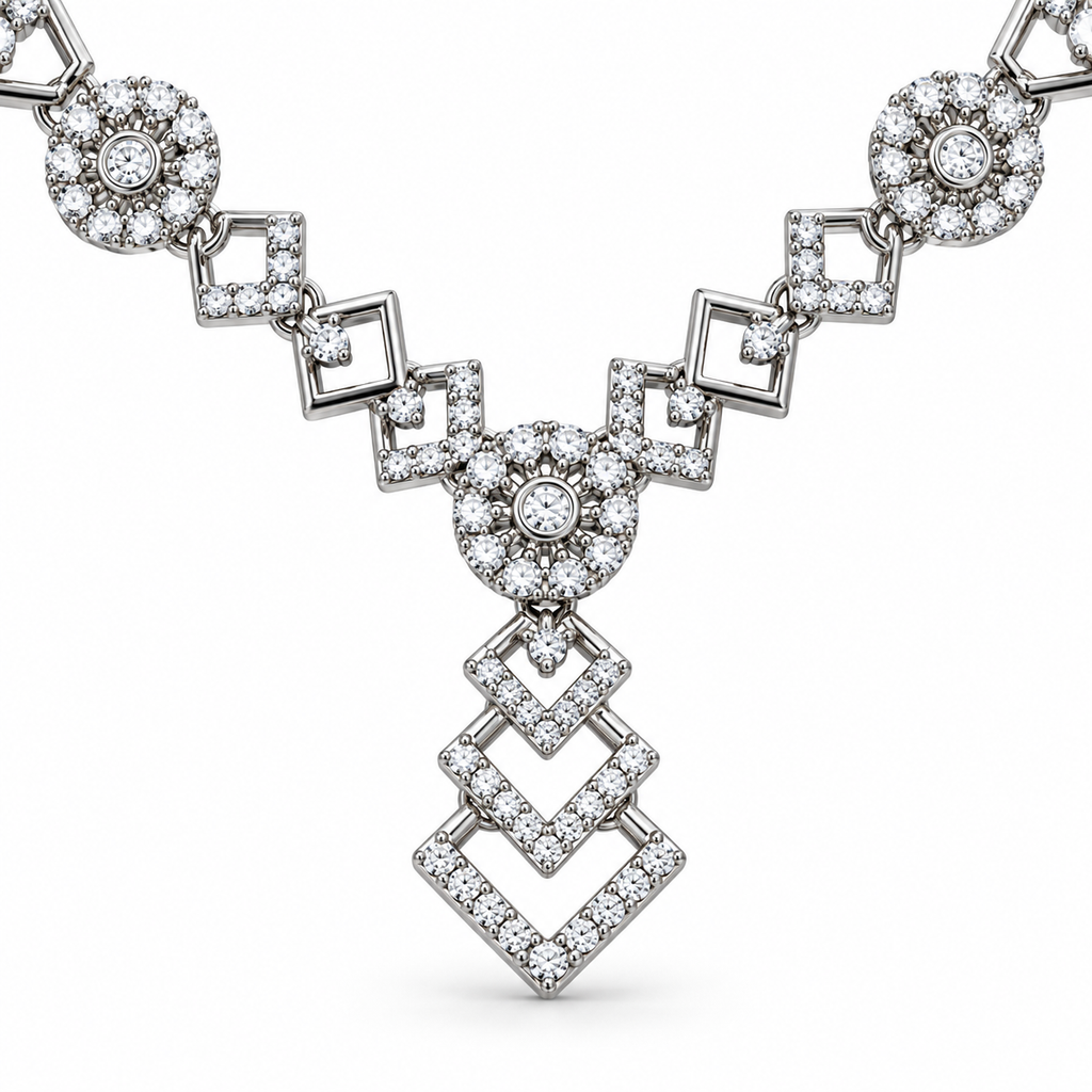 Silver-Toned AD Stone-Studded Geometric Necklace & Earrings Jewellery Set for Women