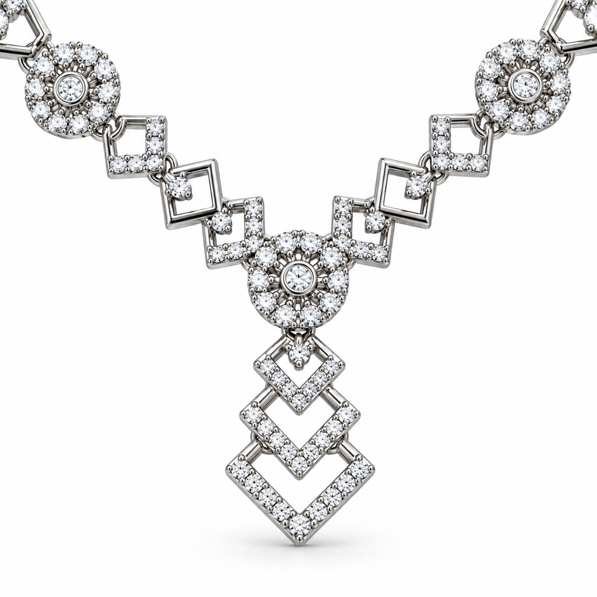 Silver-Toned AD Stone-Studded Geometric Necklace & Earrings Jewellery Set for Women