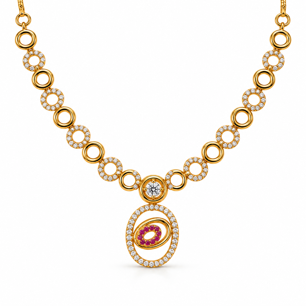 Gold-Toned White & Pink Stone-Studded Necklace and Earrings Jewellery Set for Women