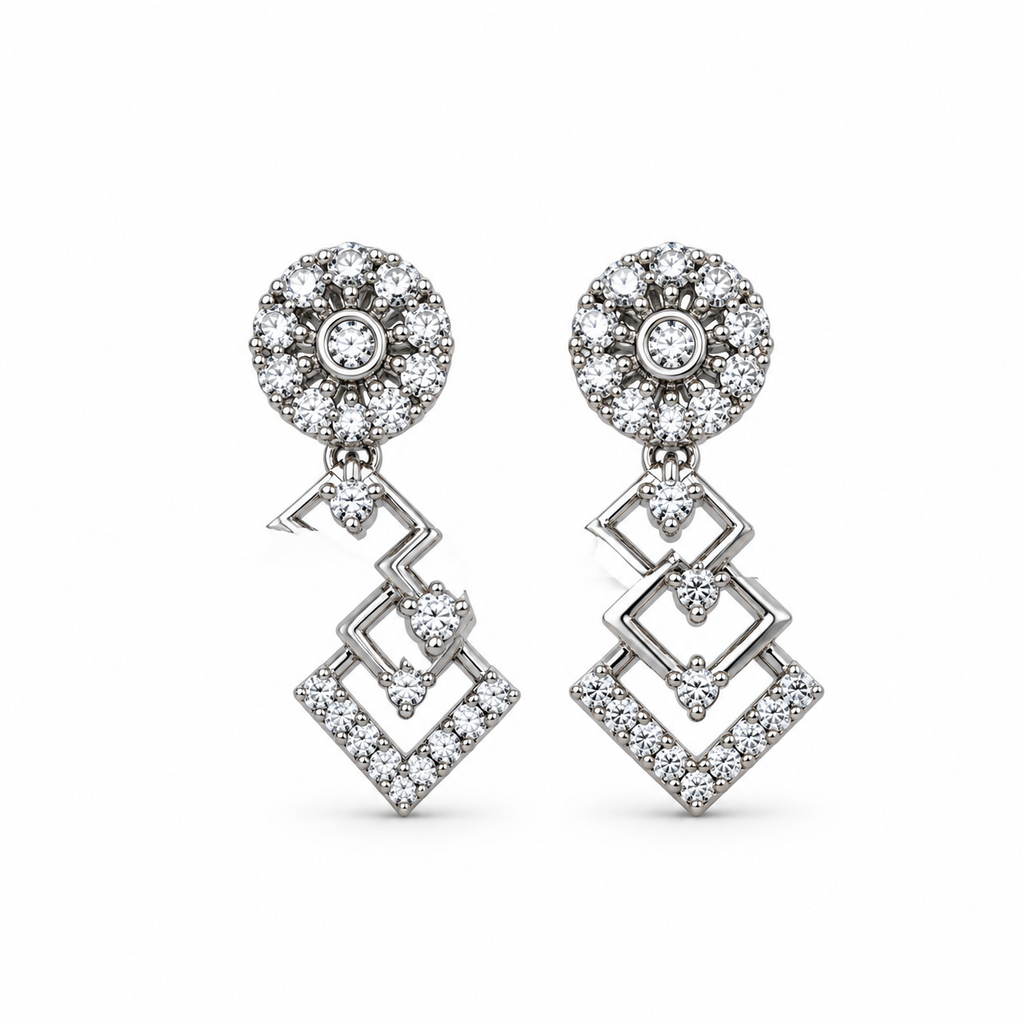 Silver-Toned AD Stone-Studded Geometric Necklace & Earrings Jewellery Set for Women