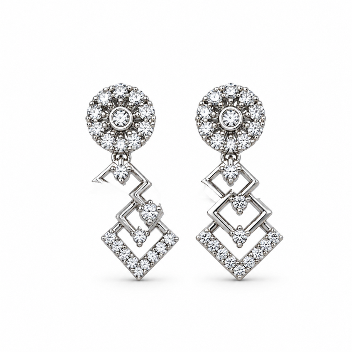 Silver-Toned AD Stone-Studded Geometric Necklace & Earrings Jewellery Set for Women