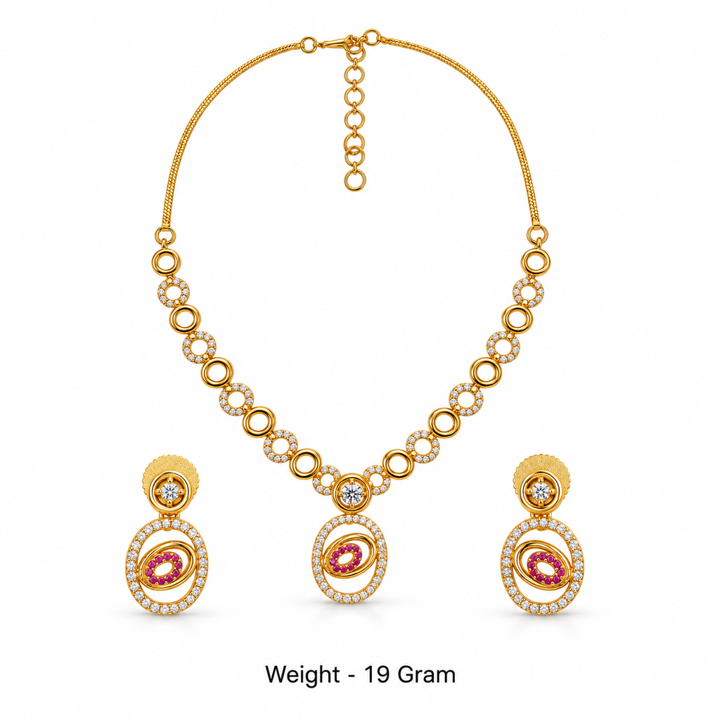 Gold-Toned White & Pink Stone-Studded Necklace and Earrings Jewellery Set for Women