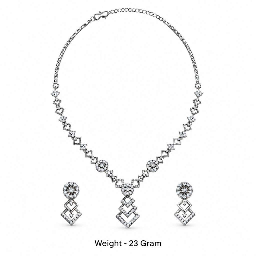 Silver-Toned AD Stone-Studded Geometric Necklace & Earrings Jewellery Set for Women