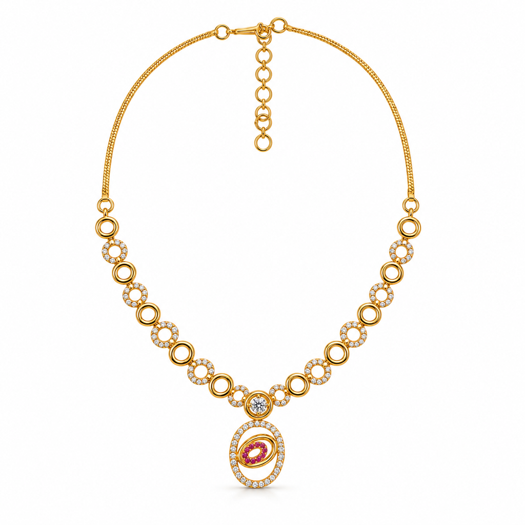 Gold-Toned White & Pink Stone-Studded Necklace and Earrings Jewellery Set for Women