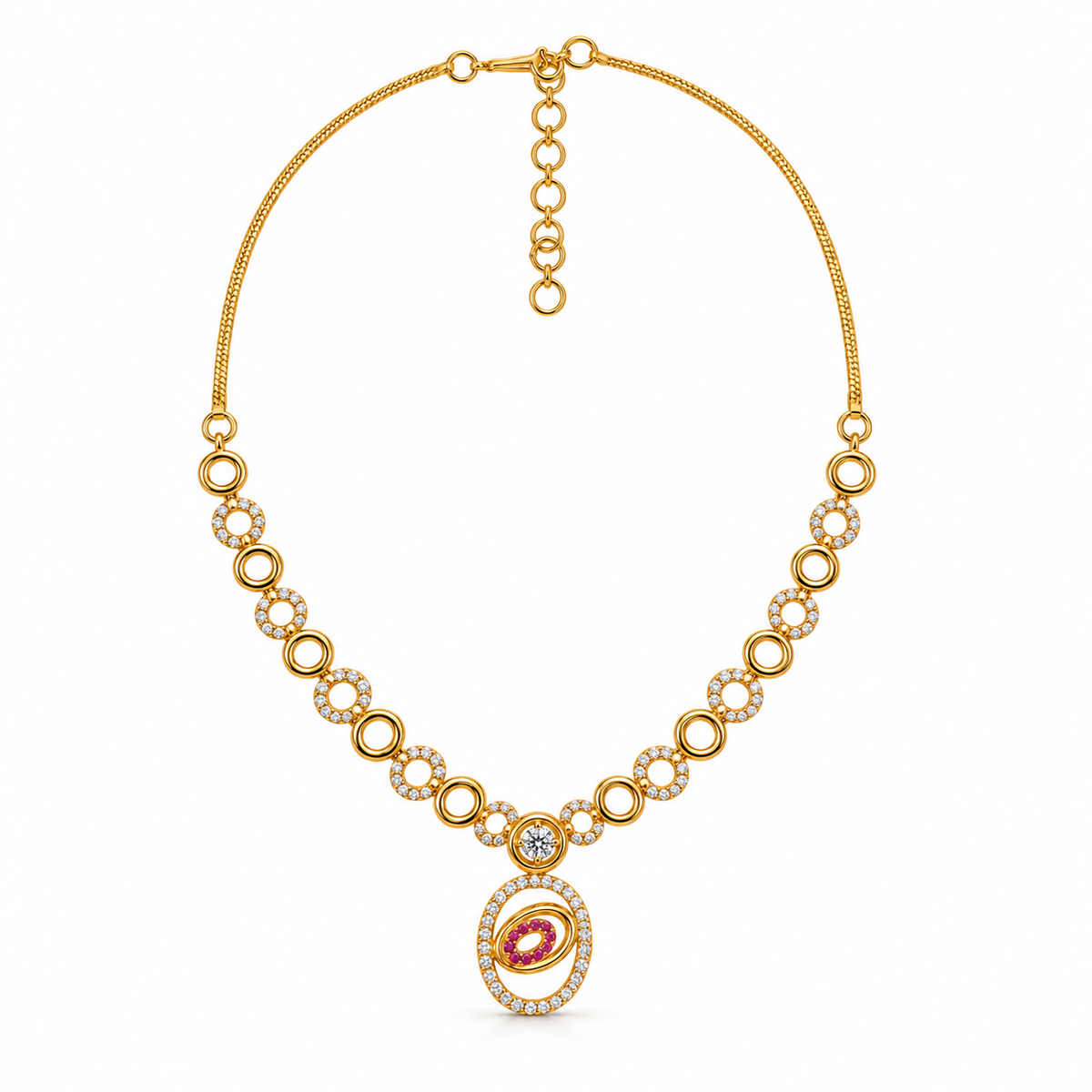 Gold-Toned White & Pink Stone-Studded Necklace and Earrings Jewellery Set for Women