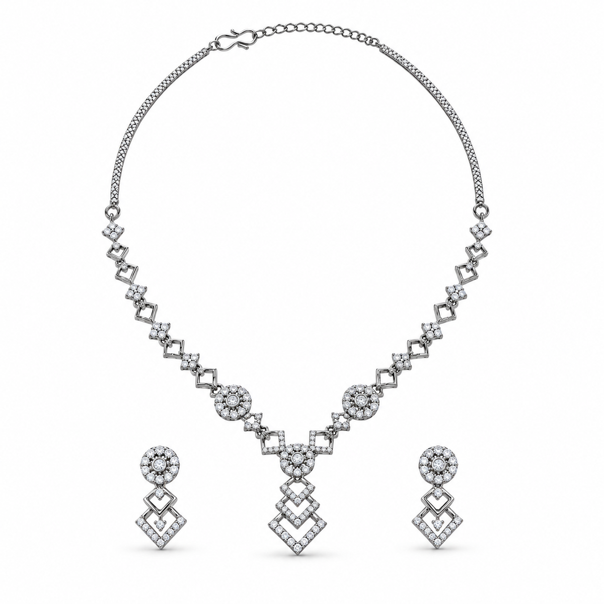 Silver-Toned AD Stone-Studded Geometric Necklace & Earrings Jewellery Set for Women