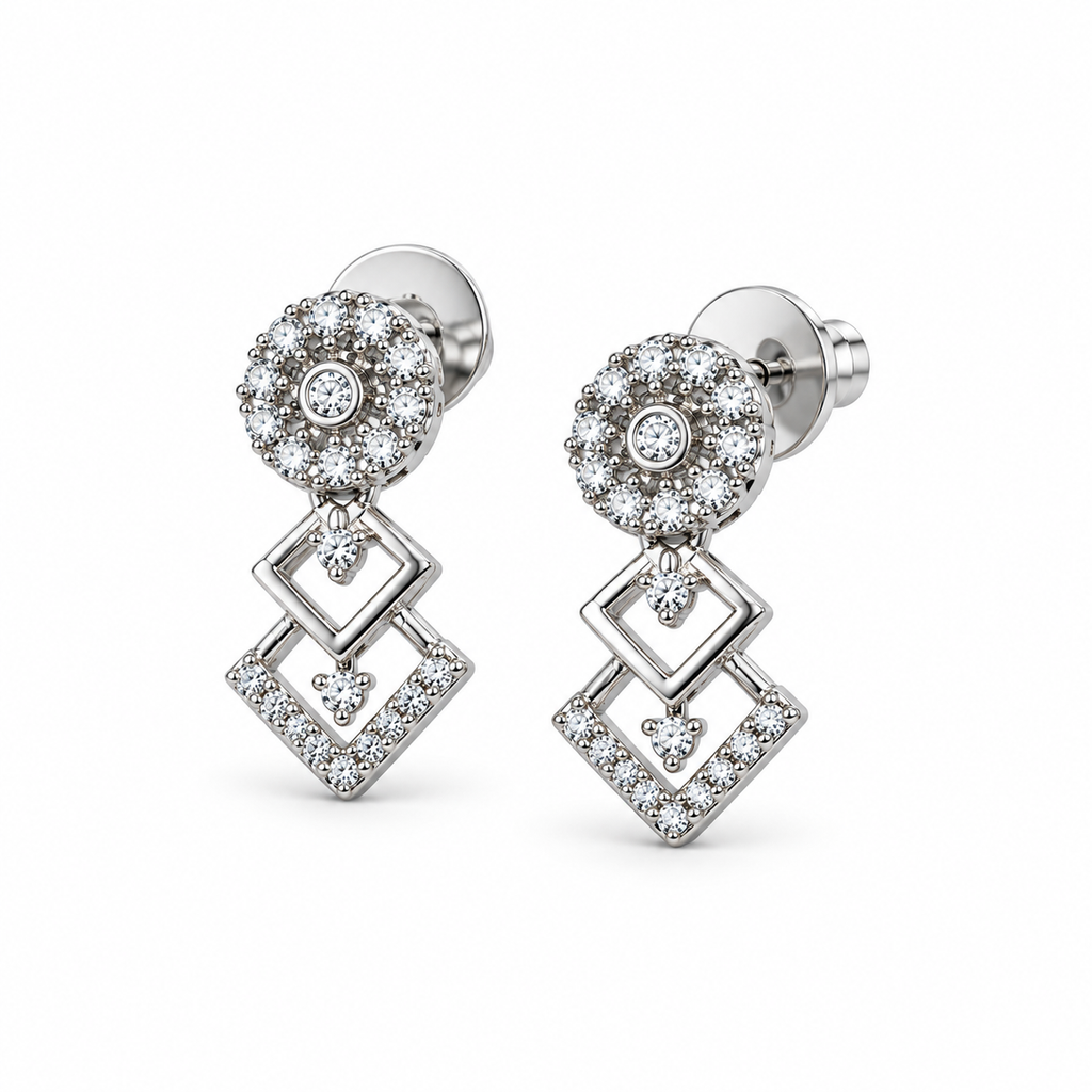 Silver-Toned AD Stone-Studded Geometric Necklace & Earrings Jewellery Set for Women