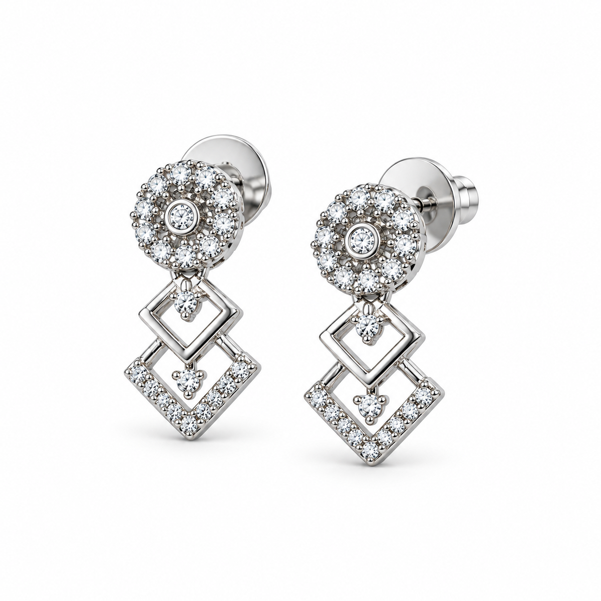 Silver-Toned AD Stone-Studded Geometric Necklace & Earrings Jewellery Set for Women