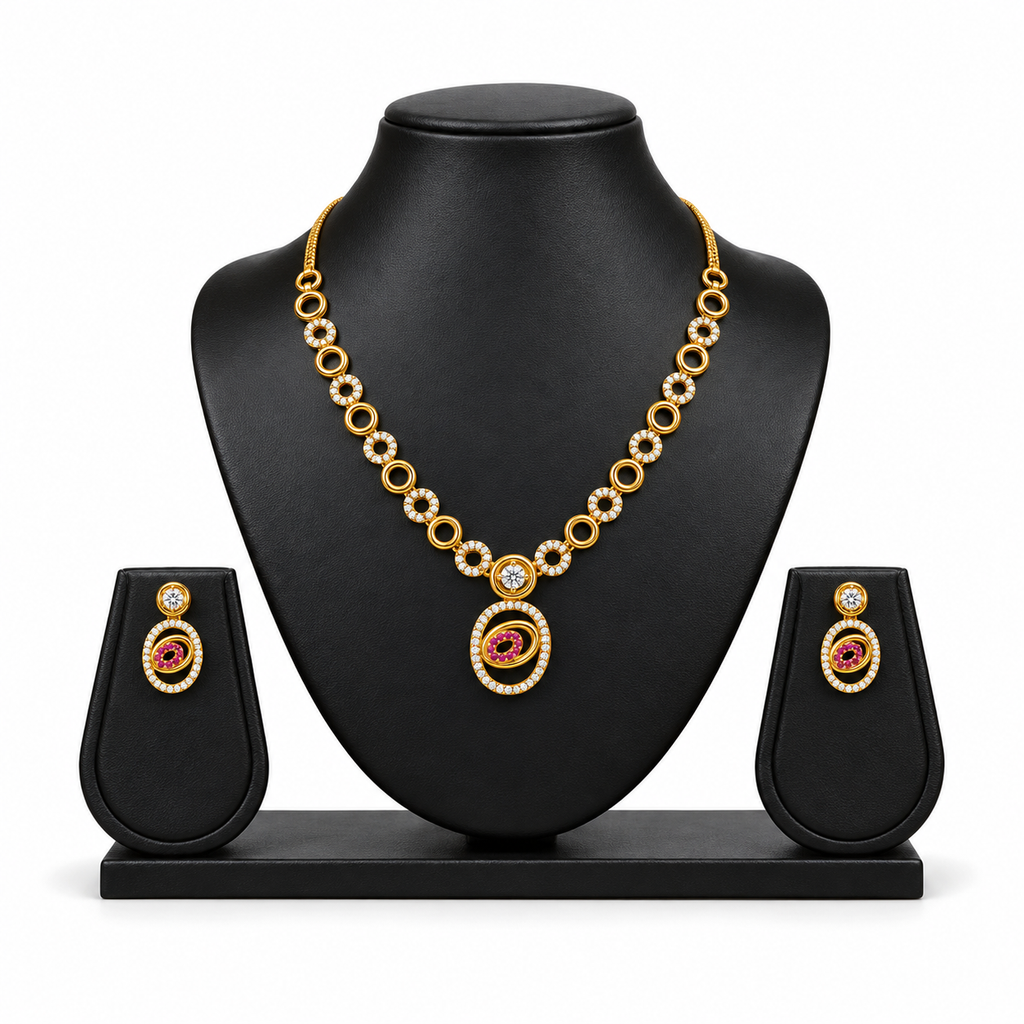 Gold-Toned White & Pink Stone-Studded Necklace and Earrings Jewellery Set for Women