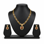 Gold-Toned White & Pink Stone-Studded Necklace and Earrings Jewellery Set for Women