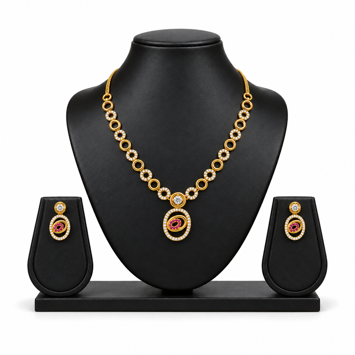 Gold-Toned White & Pink Stone-Studded Necklace and Earrings Jewellery Set for Women