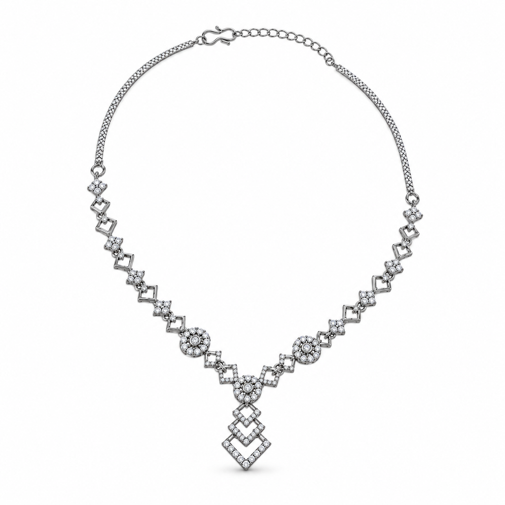 Silver-Toned AD Stone-Studded Geometric Necklace & Earrings Jewellery Set for Women
