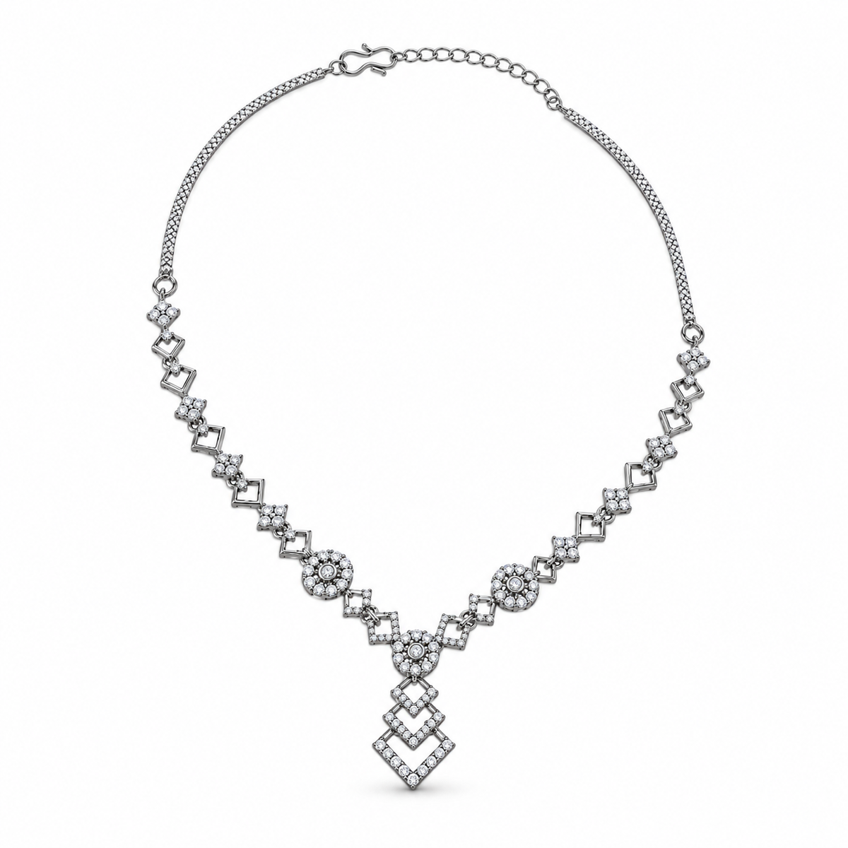 Silver-Toned AD Stone-Studded Geometric Necklace & Earrings Jewellery Set for Women