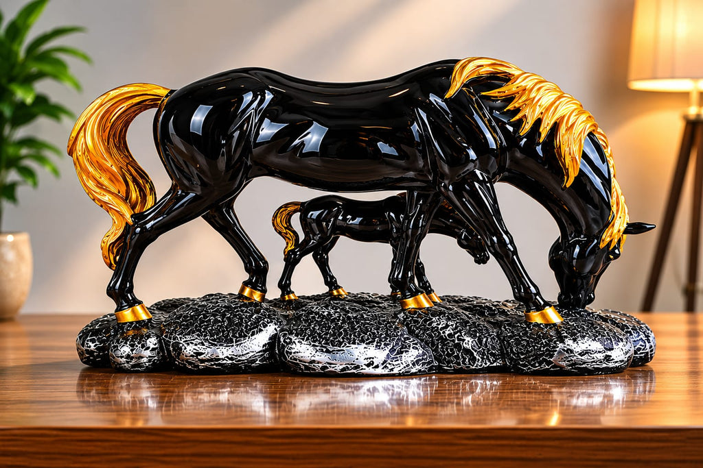 CHIBRO premium resin horse showpiece features a glossy black and gold finish.