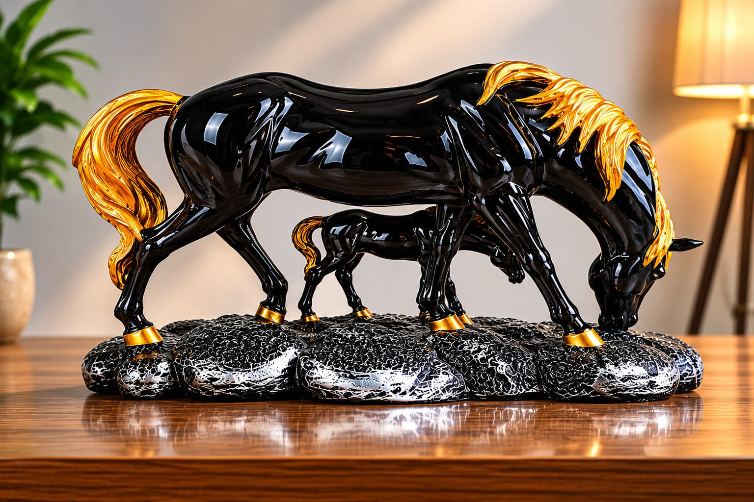 CHIBRO premium resin horse showpiece features a glossy black and gold finish.