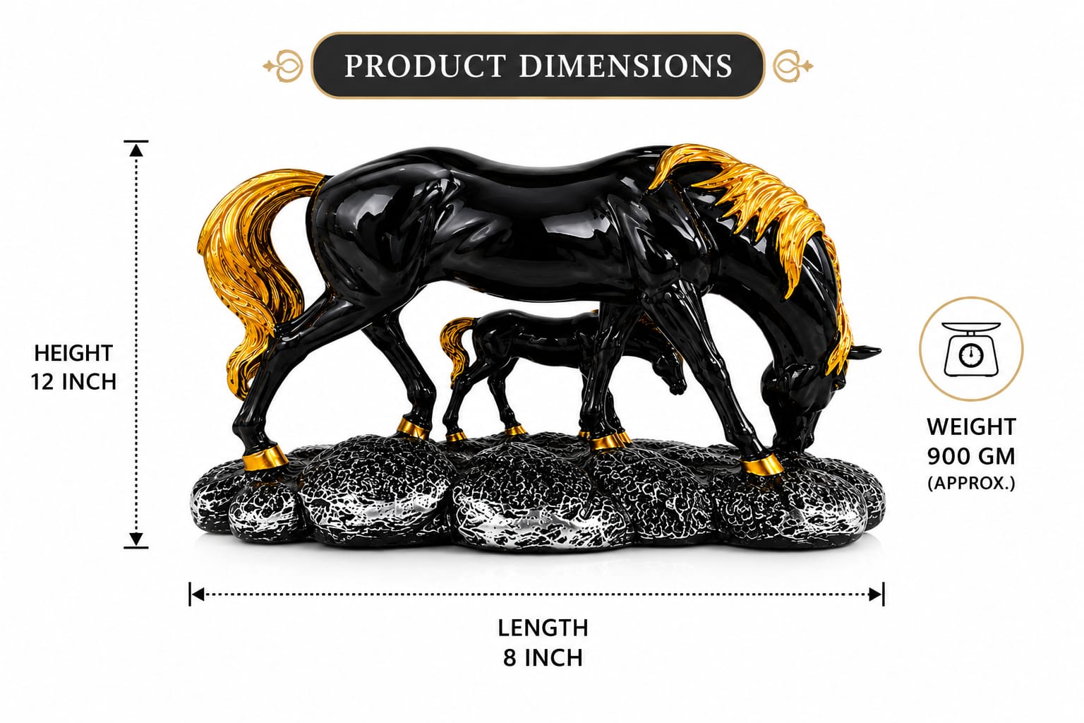 CHIBRO premium resin horse showpiece features a glossy black and gold finish.