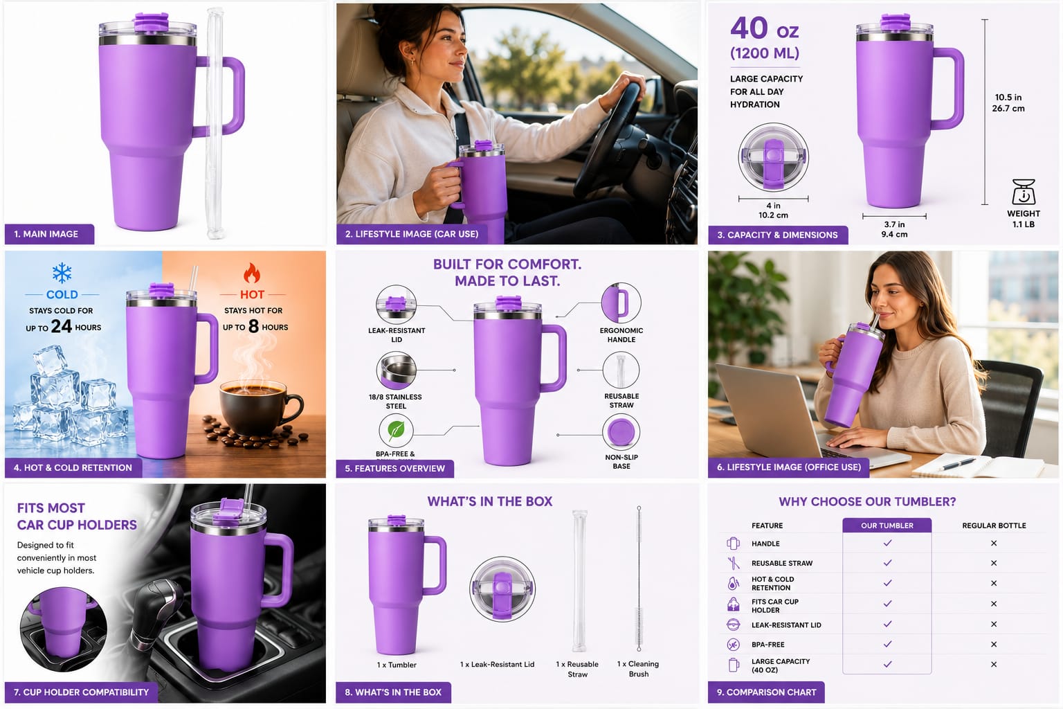 1 ltr Purple Stainless Steel Vacuum Insulated Tumbler, with Straw and Handle  ..