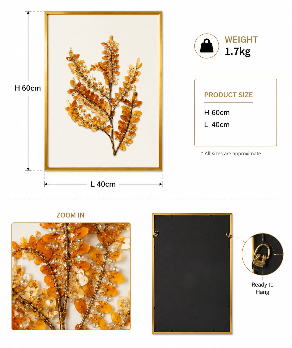 This is a 3D Baltic Amber wall art piece featuring a textured botanical design framed in gold.