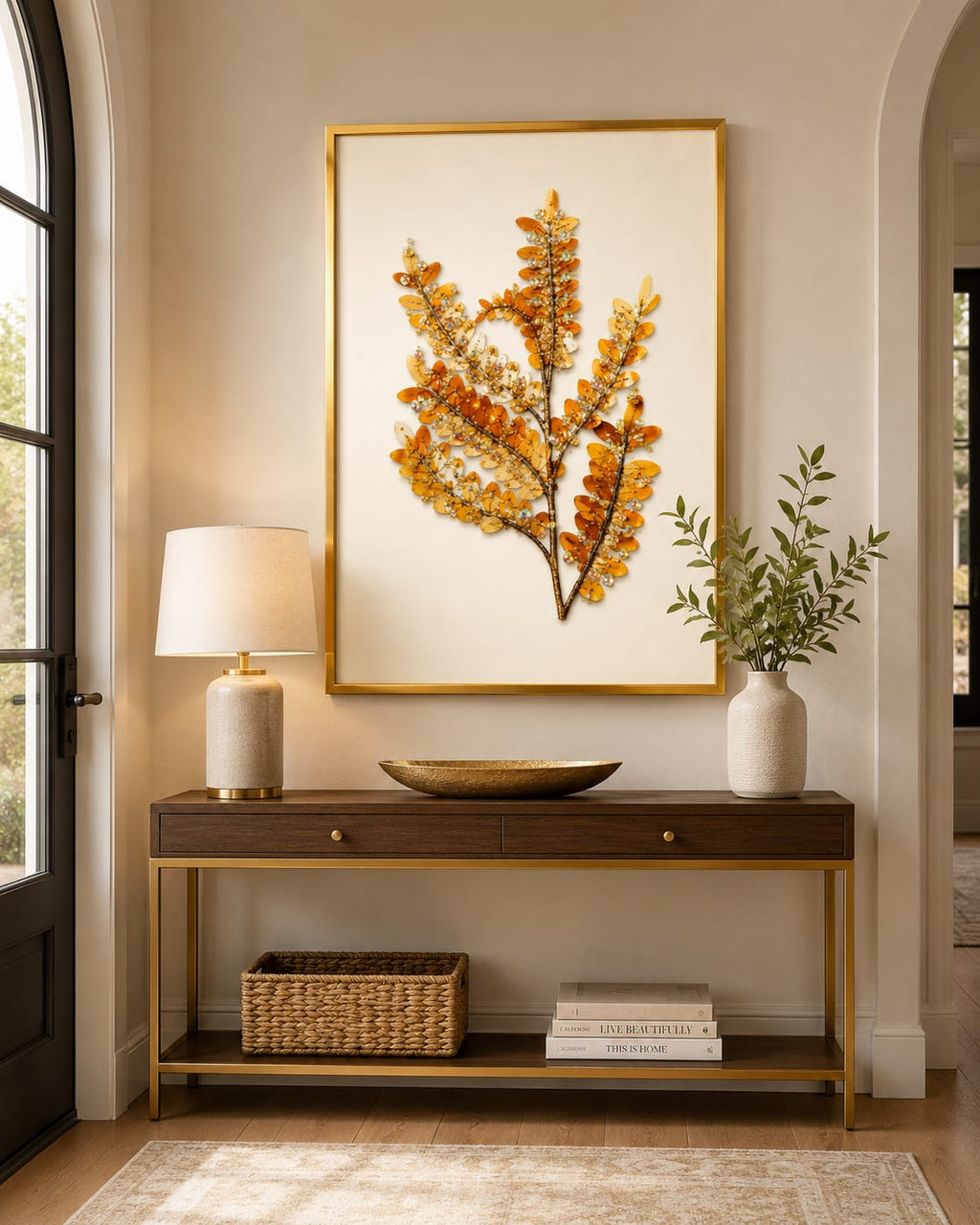 This decorative wall art features a golden-hued branch embellished with sequins and iridescent beads, arranged in a framed display