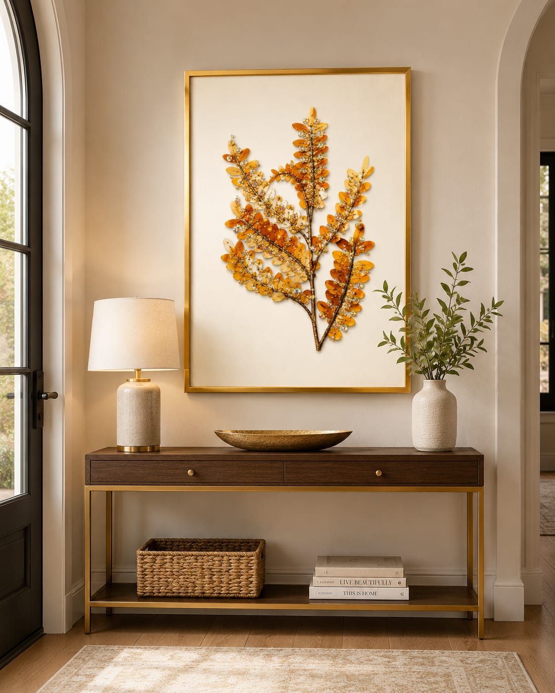 This decorative wall art features a golden-hued branch embellished with sequins and iridescent beads, arranged in a framed display