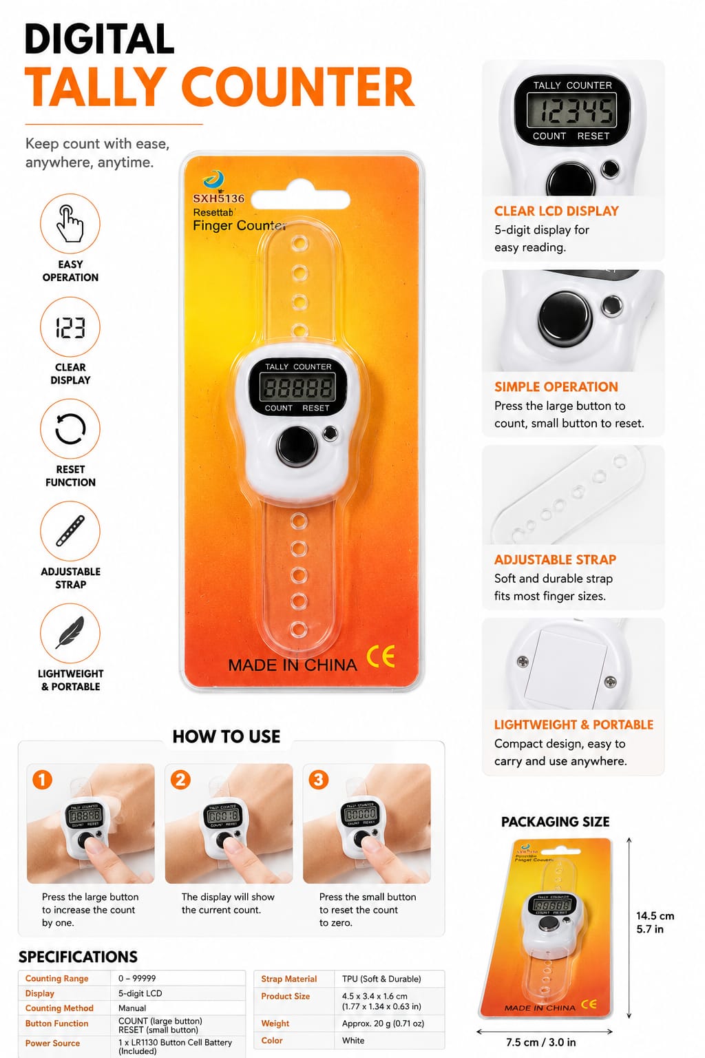 Prifakt 5-Digit Tally Clicker Counter Lightweight Finger