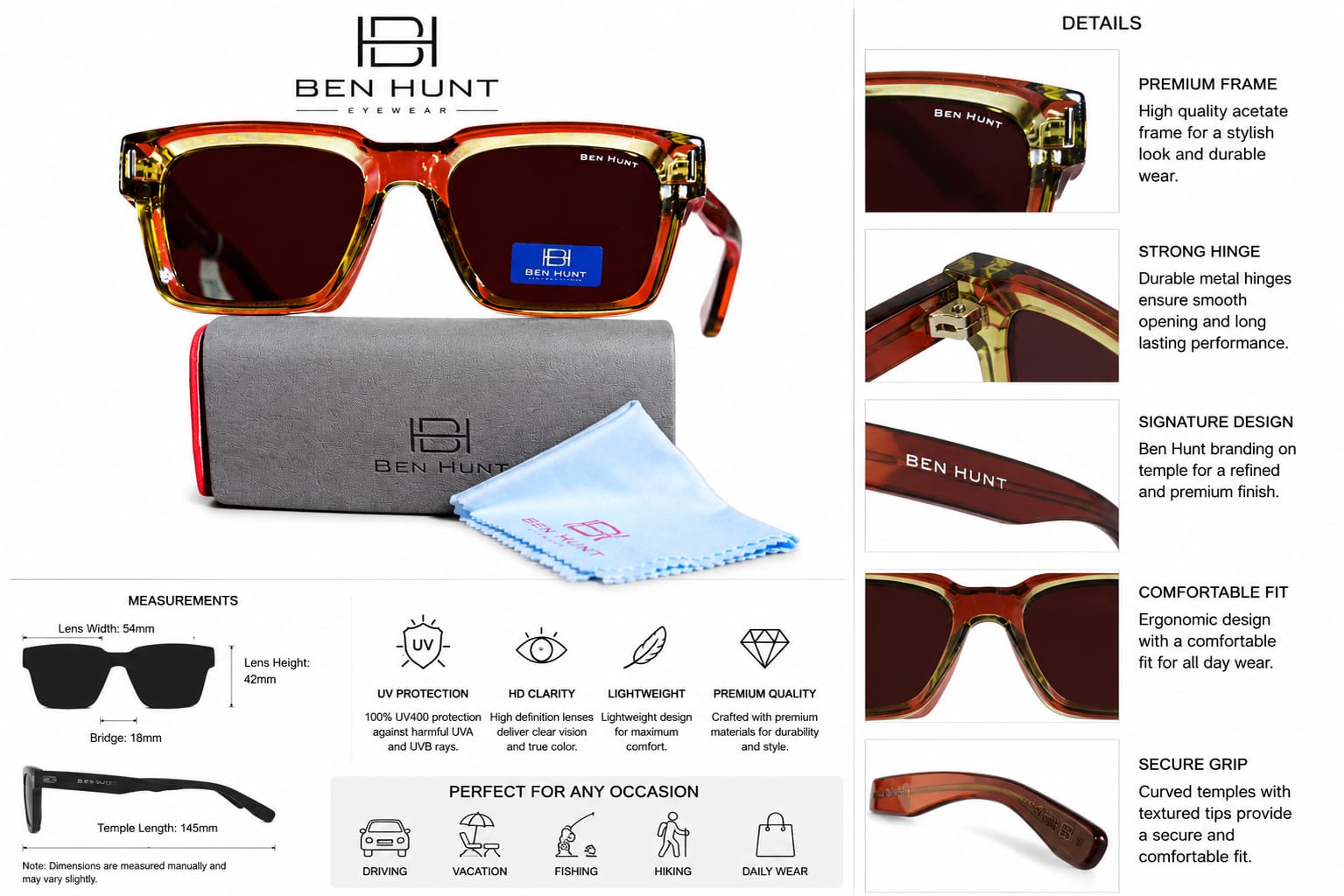 BEN HUNT Premium Square Men Sunglasses