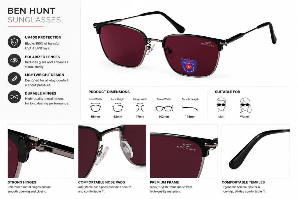 Ben Hunt Polarized S for Men & Women Sunglasses| 100% UV400 Protection Anti Glare Sunglasses | Semi-Rimless Browline | Premium Stylish Spectacles | Gradient Lens | Medium