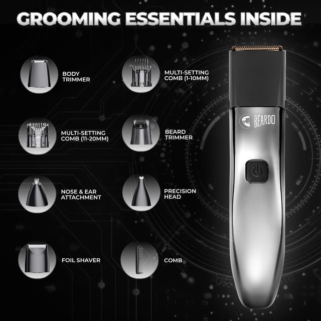 BEARDO Chrome Beast Grooming Kit Multipurpose, Full Body Groomer Trimmer 90 min  Runtime 40 Length Settings (Black, Silver)