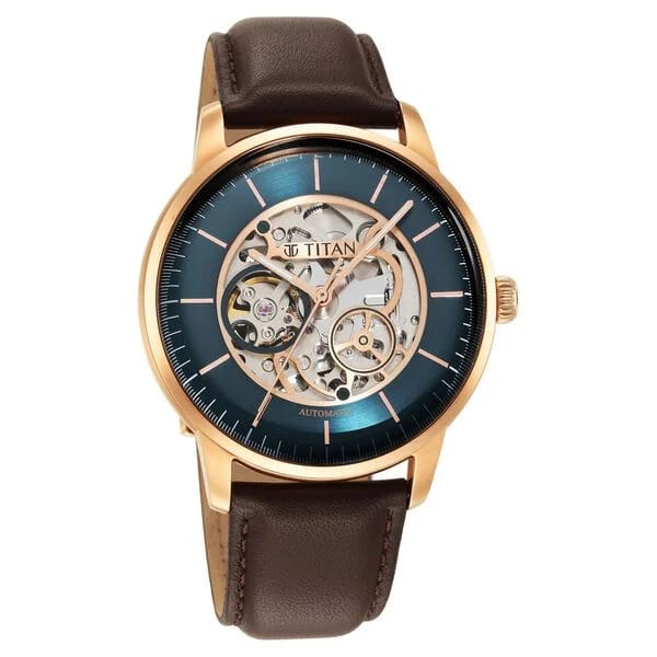blue dial brown leather strap watch for men