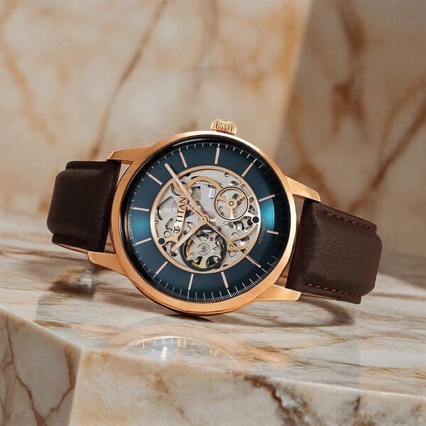 blue dial brown leather strap watch for men