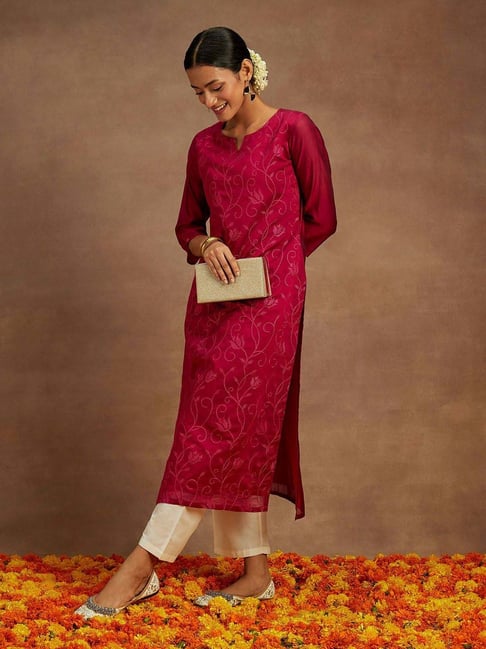 pink straight fit embroidered kurta