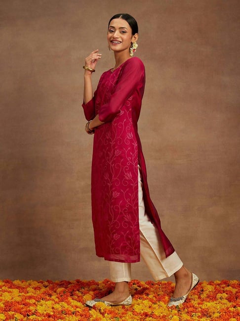 pink straight fit embroidered kurta