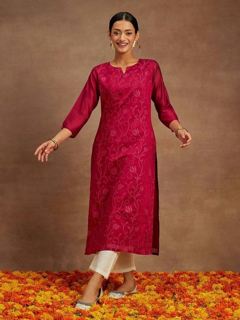 pink straight fit embroidered kurta