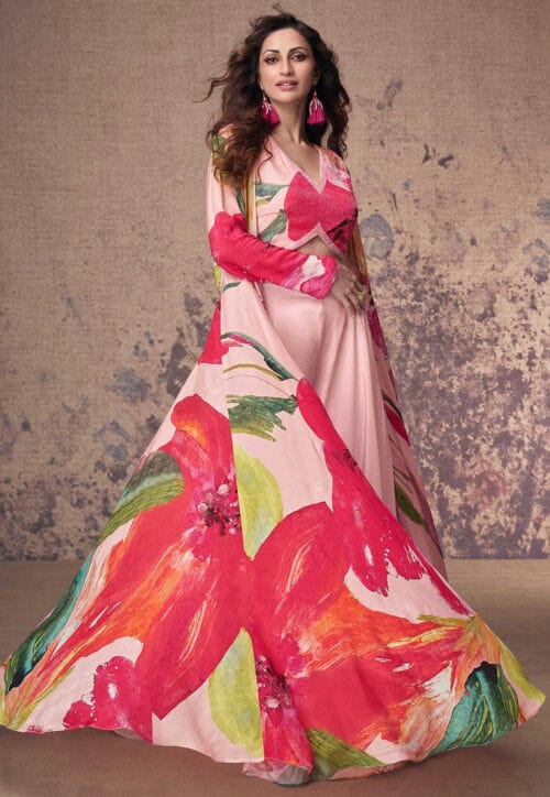 printed crepe silk crop top set in pink