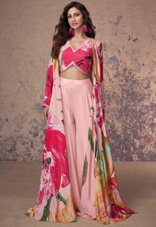 printed crepe silk crop top set in pink