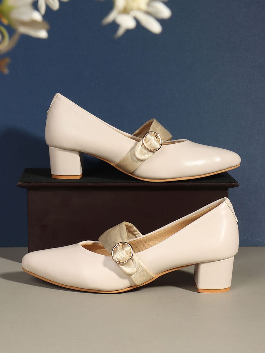 cream solid closed back block pumps