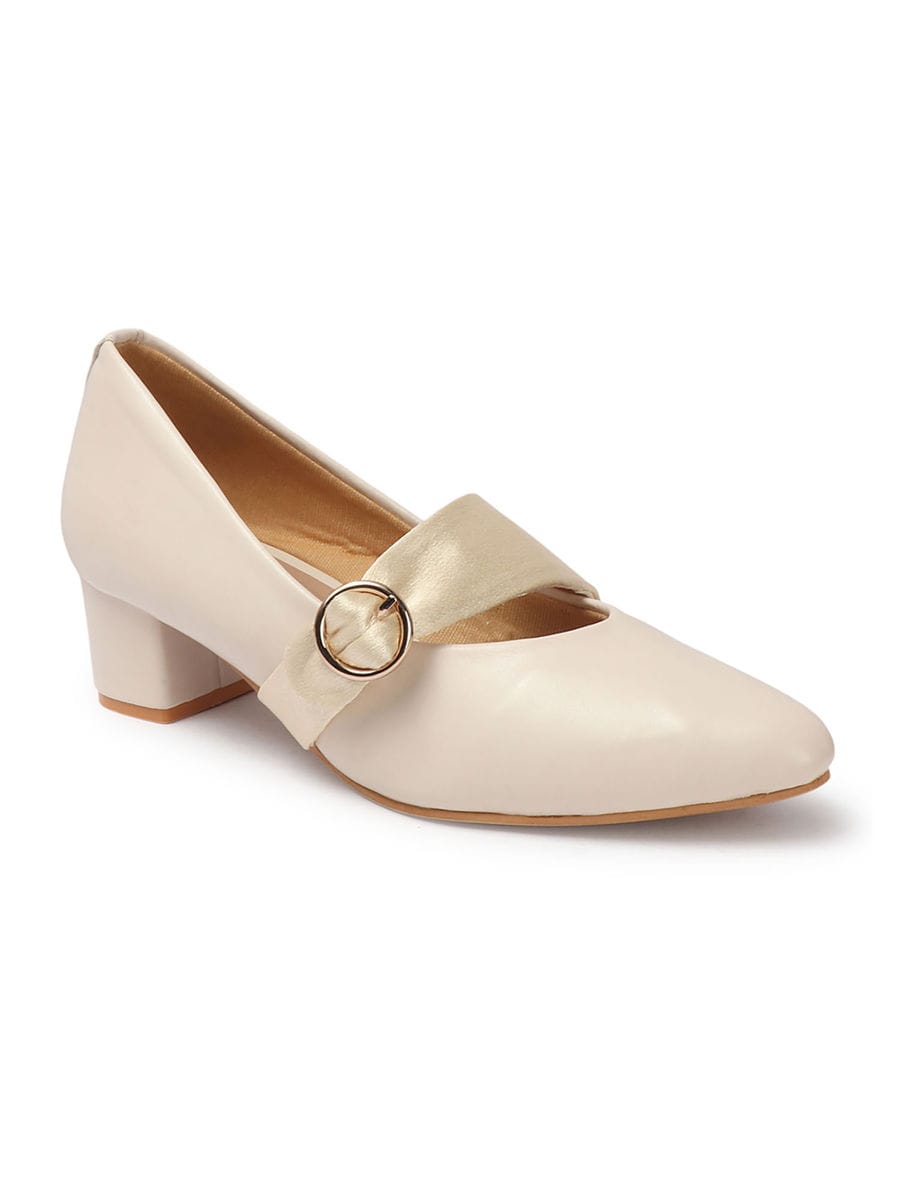 cream solid closed back block pumps
